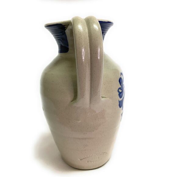 Vtg Williamsburg Pottery Factory Salt Glazed Pitcher Blue 2 Floral 7 1/2" Tall - Picture 3 of 10